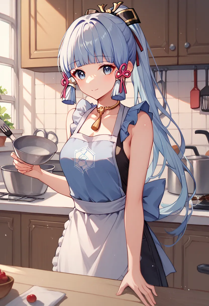 Ayaka from genshin impact, wearing apron, kitchen, sleeveless, (((apron)))