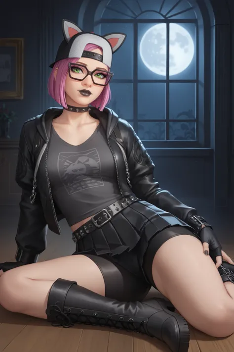 girl (masterpiece)spiked belt,choker,black lips, black cap with grey,cat ears,fingerless gloves,evening (only)loose V-neck gray T-shirt, Black jacket,Short pleated skirt with chain and stripes (black thigh high leather boots)tight spandex shorts,video game...