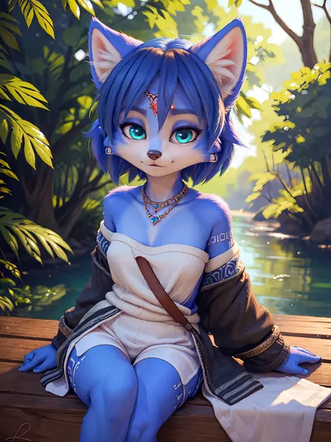 ((krystal)), Star Fox-Krystal, lovable,    green eyes, (((   Long blue hair 1  .3))),  cleavage, anthro, blurred,  detailed Fluffys fell,   detailed face , (Fluffy),     1 girl, ,woman, Goth,    green eyes, Undercut,  ultra-realistic 8k CG   ,    masterpie...