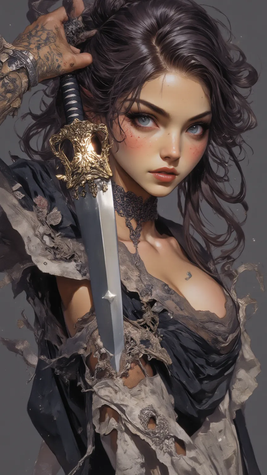  sexy woman ,  holding a samurai sword ， fair skin，Freckles .  She is wearing a sexy dress ,  The katana has a well-detailed handle，