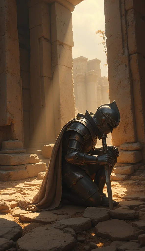 A photorealistic painting of a java ancient empire lone knight in full plate armor, kneeling in the ruins of a java ancient temple. The knight's head is bowed, and his hands rest on the hilt of his sword. The scene is illuminated by a single ray of light, ...