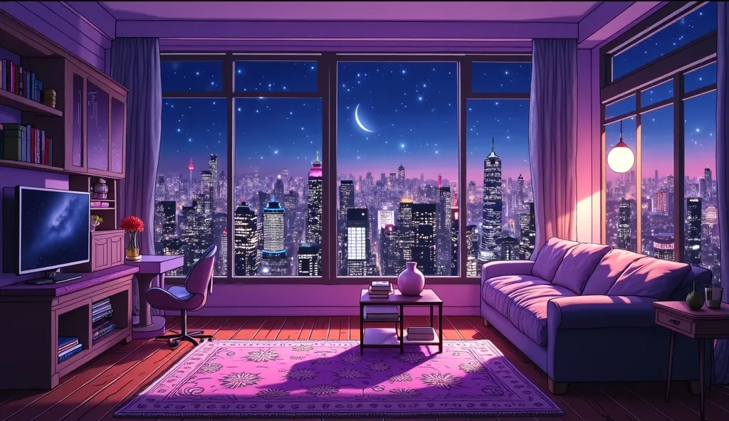 drawn in an animated movie-style style、A room in a high-rise apartment in a luxurious city。The theme color is purple,、The interior and indirect lighting are also accented with purple。and large bay windows are characteristic,、A beautiful night view of the c...