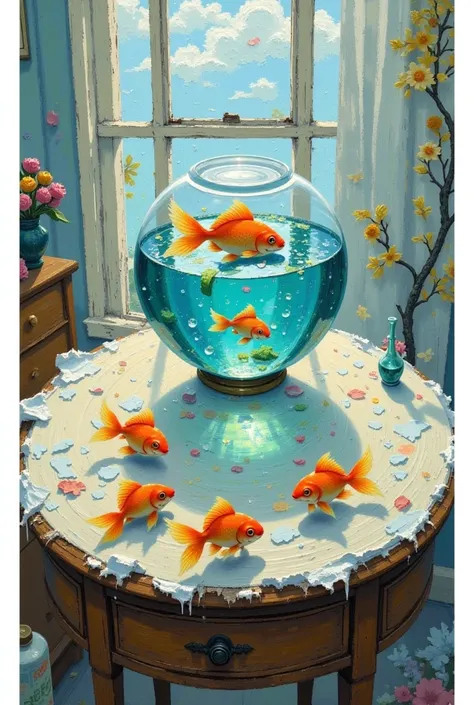 A table，with a round aquarium on it，spills a little goldfish inside，The background is an open window，Often rejected 