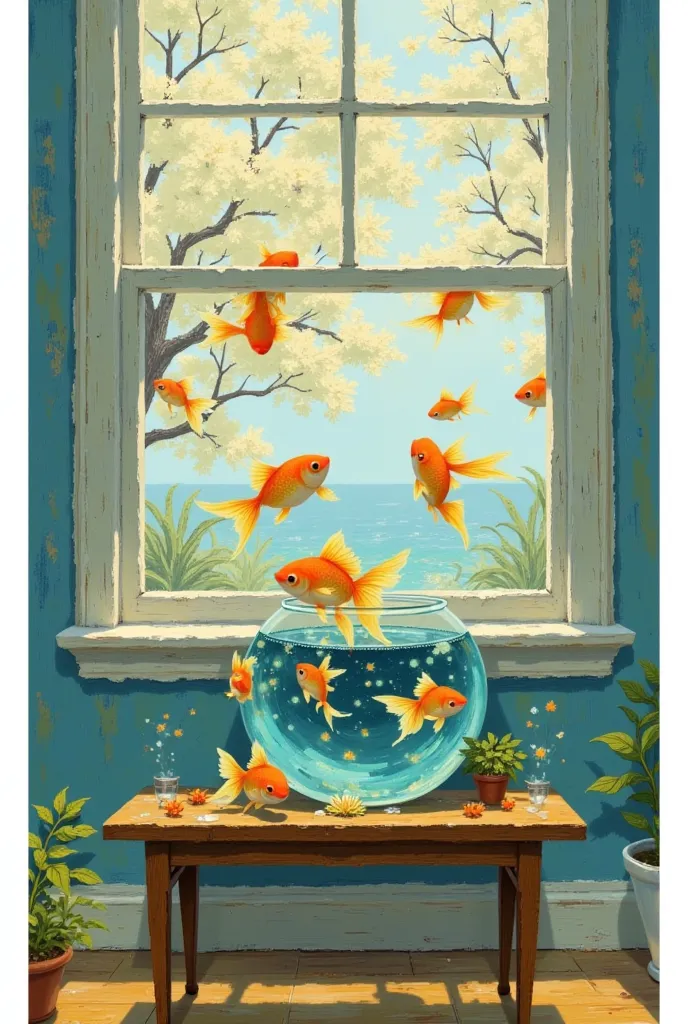 A table，with a round aquarium on it，spills a little goldfish inside，The background is an open window，Often rejected 