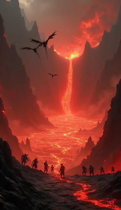 A burning lava, with several demons flying and some walking, In hell, Is there a giant lava of lava with ashes 