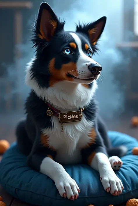 "very detailed digital illustration of a Border Collie with black and white fur, de nombre ' Pickles ', in realistic fantasy art style (inspired by Reverse: 1999).

Context and appearance:
 Pickles  está de pie o sentado sobre un cojín azul con su nombre v...