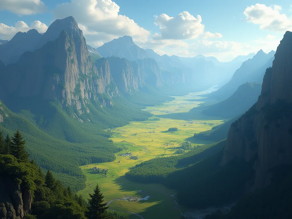 a huge plain surrounded by a mountain range that surrounds the area seen from a high point, composing the landscape small parts of dense forests and magical creatures everywhere, but with enough space to see its magnificent size