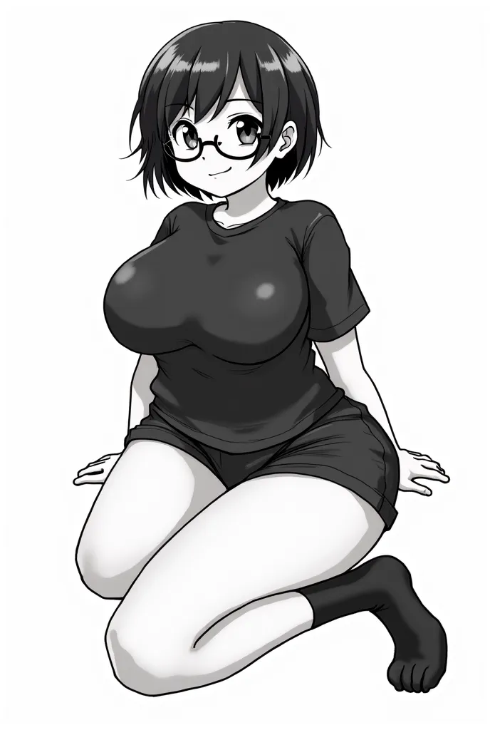 Create my character, make her in manga style, she has short hair, wears glasses, is a succubus, has a large body, and wears a black shirt, and short black shorts, and wears socks, Make her in an interesting pose, make her sitting looking at the viewer, wit...