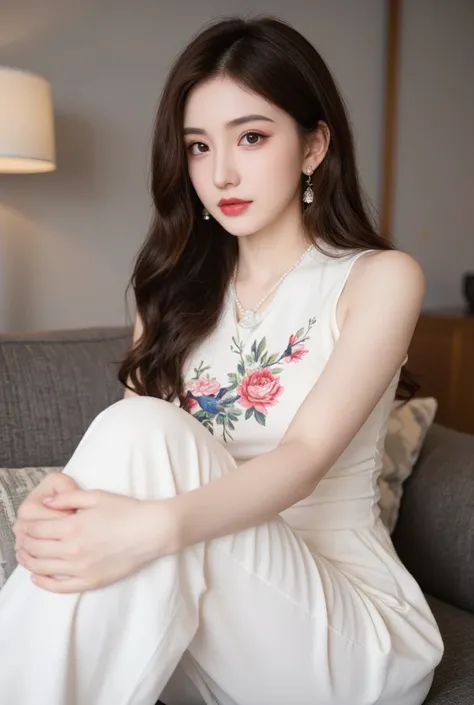 深棕色长curls，exquisite makeup， red lips， wear dangling earrings ， is brightly colored on the chest flower and bird pattern， delicate stitching 。Asian Beauties，35 years old，Slightly mature young woman's style，curls，Hair on one side， necklace，white clothes，sitt...