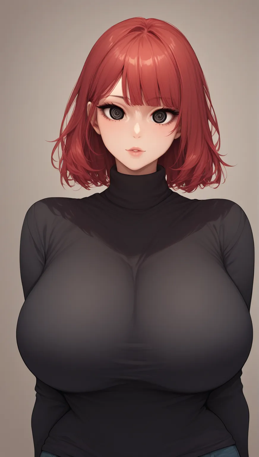 mixed_Art Style , (detailed eyes), (mature woman),  pretty woman,  huge breasts, (Red hair tied behind),  side fringe, ( black sweater shirt, calcinha fio dental insinuante ),   black eyes , ultrarealista, huge body