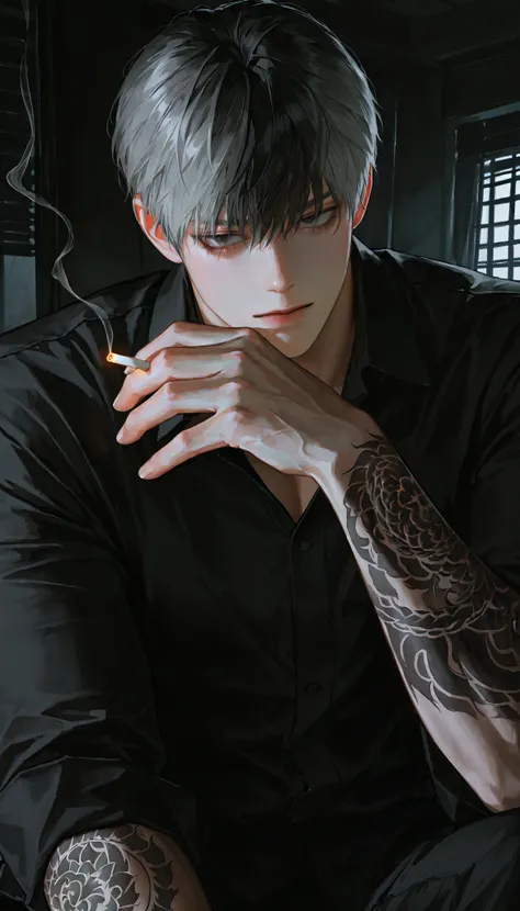 middle-aged male, handsome, black hair, 1 man with a gun, solo, alone, dark circles under the eyes , short hair, male-centered, handsome man, Thick painted , Korean Comic Style , semi-realistic art , semi-realistic art style, Expressive Brushwor...
