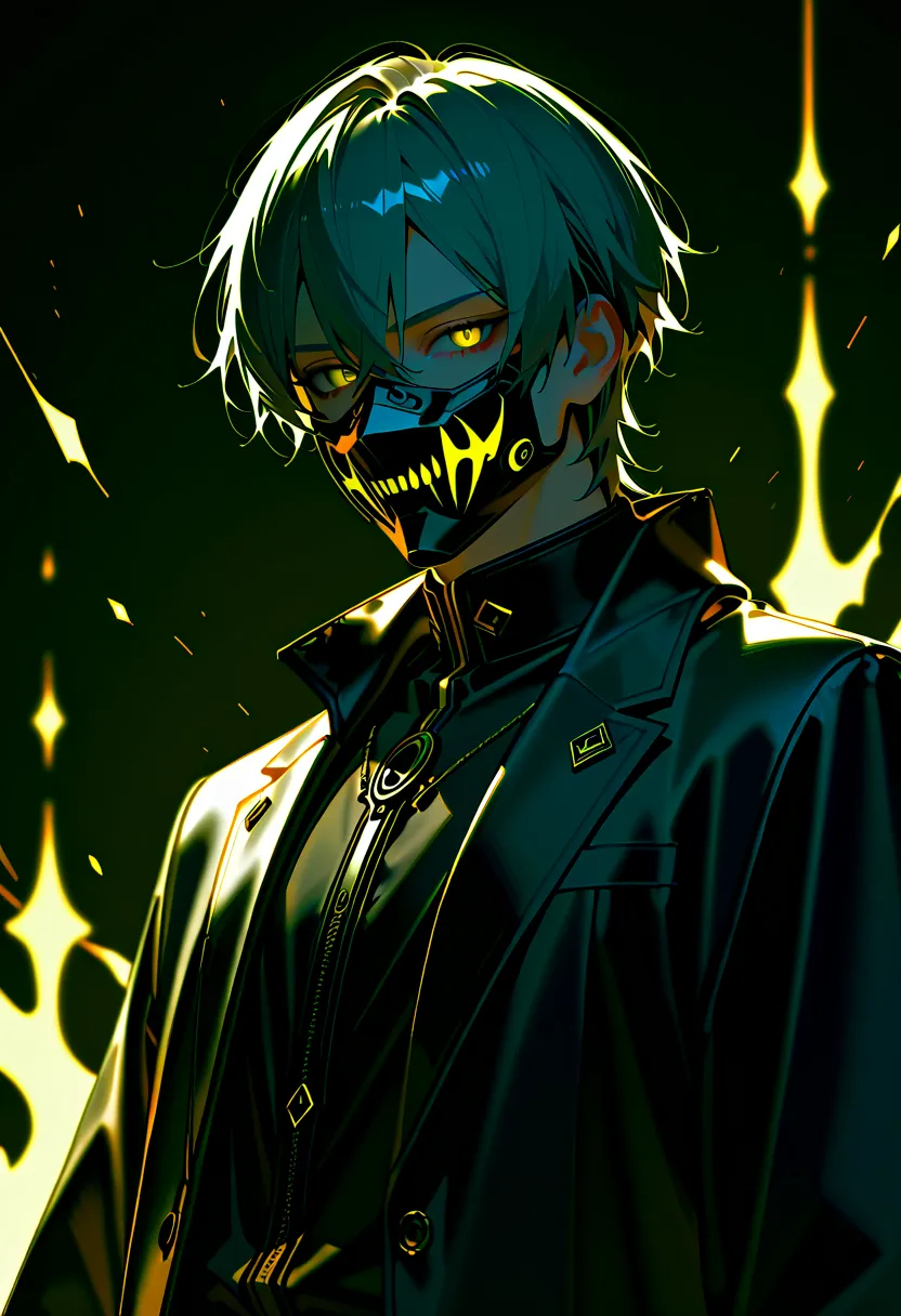 1 man, grey hair, yellow eyes, good looking, wearing a black mask, dressed in black.