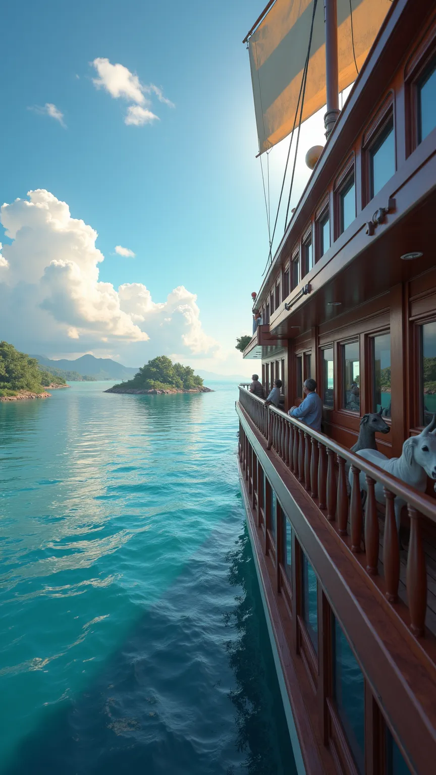 A Arca navegando calmamente pelo mar com céu claro e sol. Animais estão nas janelas e nos decks, relaxando. O cliente está olhando maravilhado pela janela.cinematic_lighting,beautiful_scenery,serene_ocean,calm_waters,bright_sky,fluffy_clouds,sun_rays,idyll...