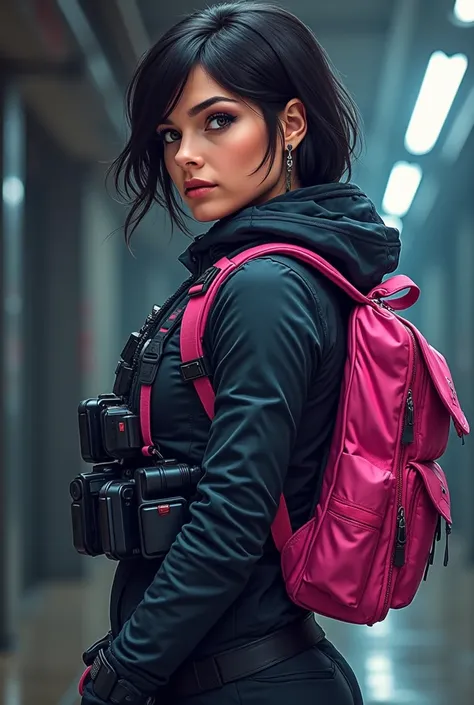  super-genius spy She stands confidently character fan art  wearing a tactical vest equipped with high-tech spy gear and a bright pink backpack