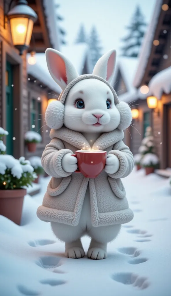 "An adorable white rabbit bundled up in a fluffy winter coat and earmuffs, walking through a charming snow-covered village. The rabbit leaves tiny footprints in the fresh snow, holding a steaming cup of cocoa while looking up at glowing fairy lights. The a...