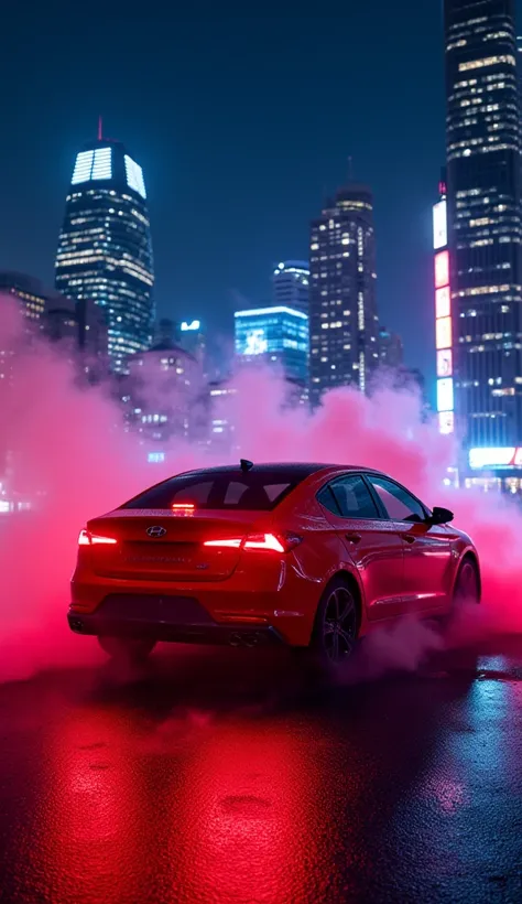 "A photorealistic image of a Red Hyundai Elantra 2024 parked at a slight angle, showcasing its sleek rear and side profile, with red smoke swirling around the vehicle, adding a dramatic and intense atmosphere. The night city skyline in the background is il...