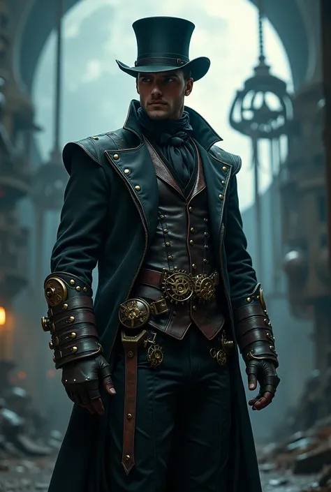 Male Steampunk with a had, stand in the moonlight