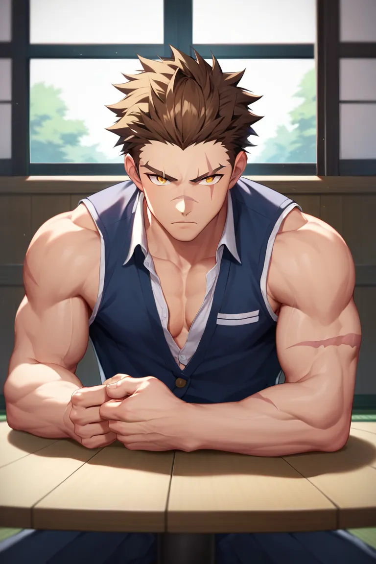 sole young man, modern school uniform, muscular, wide shoulders, serious, frowning, brown hair, yellow eyes, doudanuki masakuni, messy hair, traditional japanese house background, inside home, diagonal scar across nose, hair down, sitting, scars on hands, ...