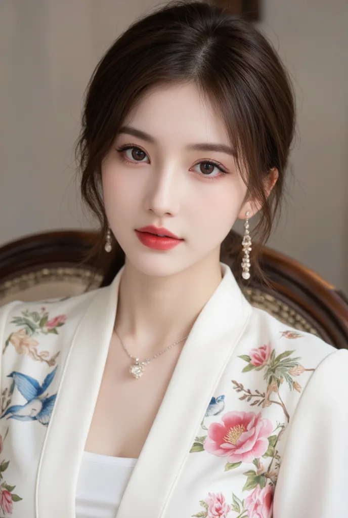 深棕色长curls，exquisite makeup， red lips， wear dangling earrings ， is brightly colored on the chest flower and bird pattern， delicate stitching 。Asian Beauties，35 years old，Slightly mature young woman's style，curls，Hair on one side， necklace，white clothes，sitt...