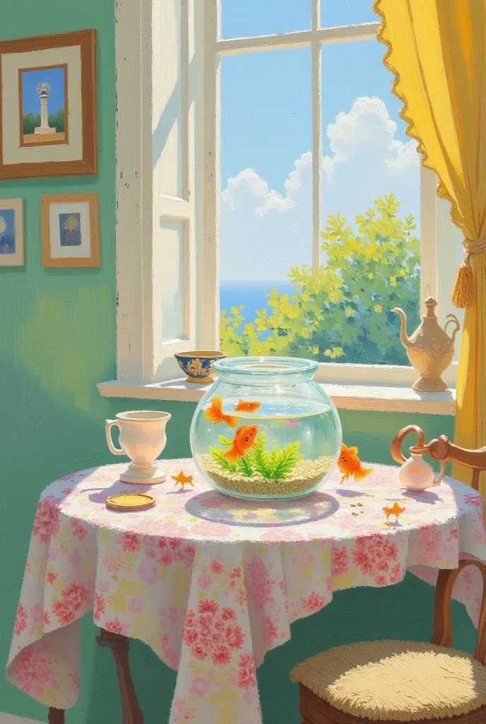 A table，with a round aquarium on it，spills a little goldfish inside，The background is an open window，Often rejected 