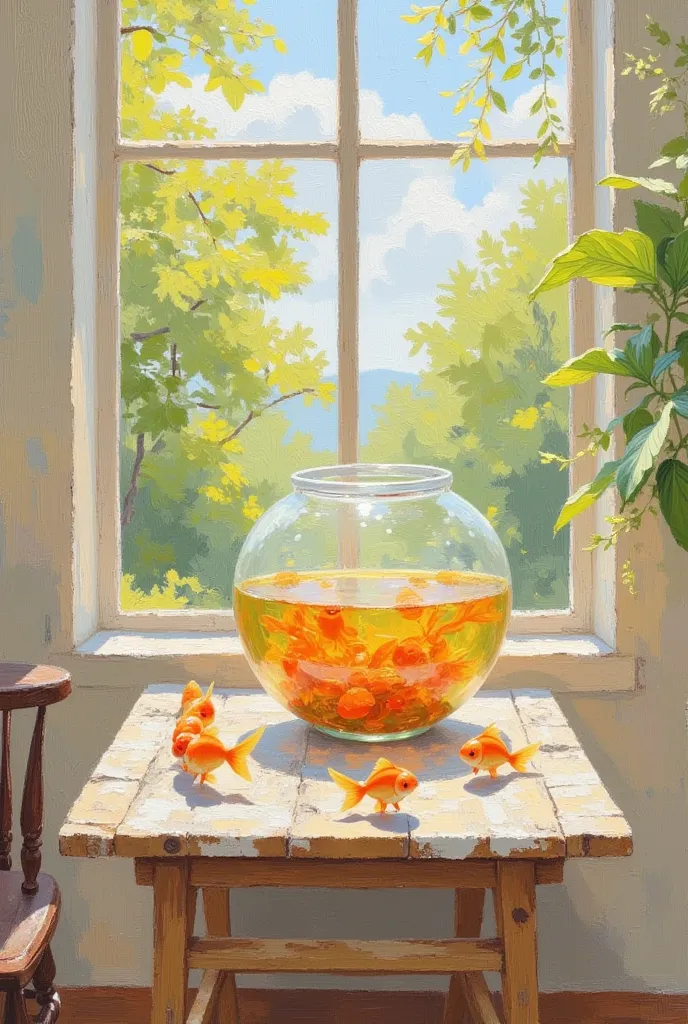 A table，with a round aquarium on it，spills a little goldfish inside，The background is an open window，Often rejected 