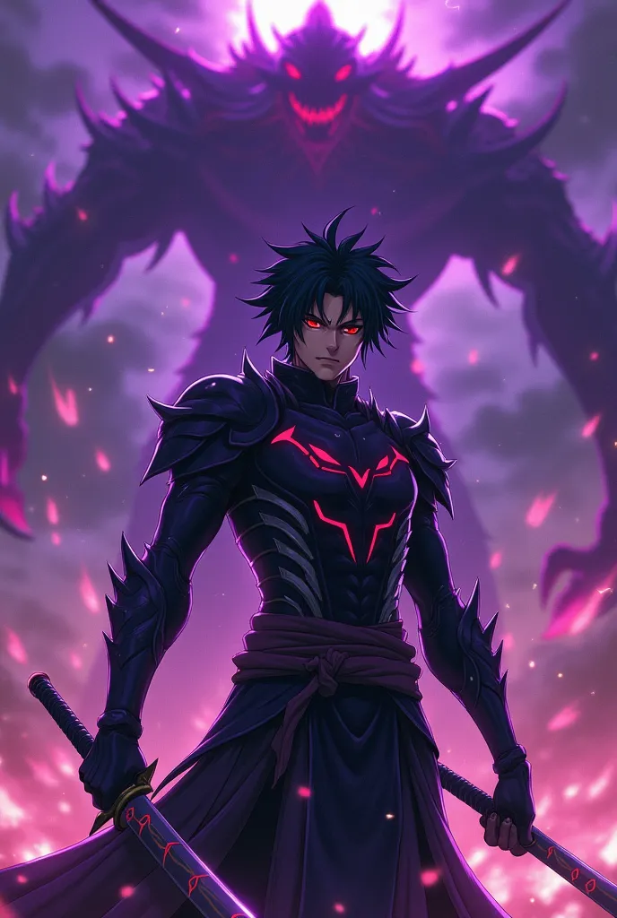 "An anime warrior named Kaizen, with spiky black hair and bright red eyes, wearing black and purple armor with dark details and dark energy flowing around. He has a cold and intense expression, holding a cursed katana with luminous marks. Behind him, sua K...