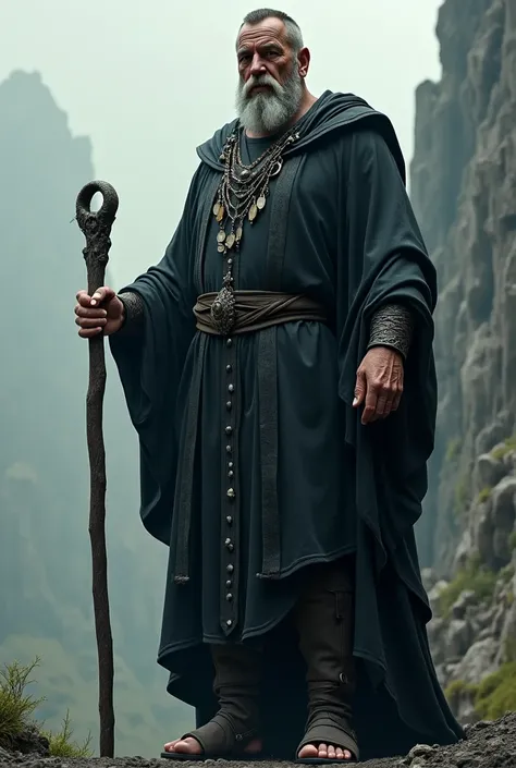 65-foot-tall man with very short hair,wrinkled face, black medieval counselor clothes, With a kind of staff in the hand 