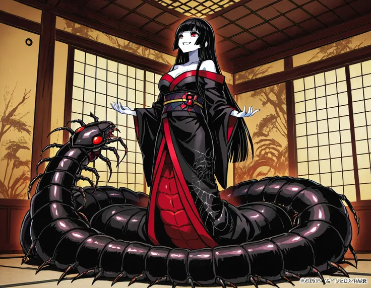 Lamia style girl. Fusion with a centipede. Black centipede body. Red insect legs. giant. Black costume. Japanese kimono dress. Red eyes. Black hair. Straight hair. Neat bangs. Grin. White skin. Japanese house. Indoors. look up.