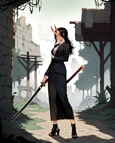 beautiful woman, pretty face, suit, katana, modern samurai, woman, long hair, full body, coat, smoking, young, muscular, smile, wielding japanese sword, ruins, dark stone walls, swamp vibe, main character energy, detailed face, high quality, beautiful woma...