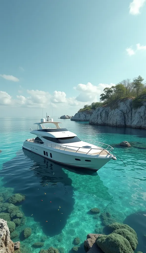 a mini white yacht ran aground in shallow waters, tilted and became stuck near an island with many coral reefs, without trees