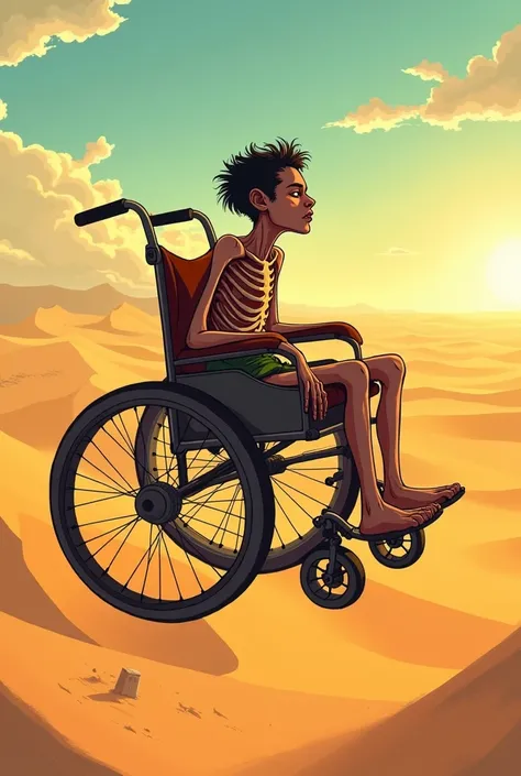 A starving person in a wheelchair flying in the dessert in cartoon style