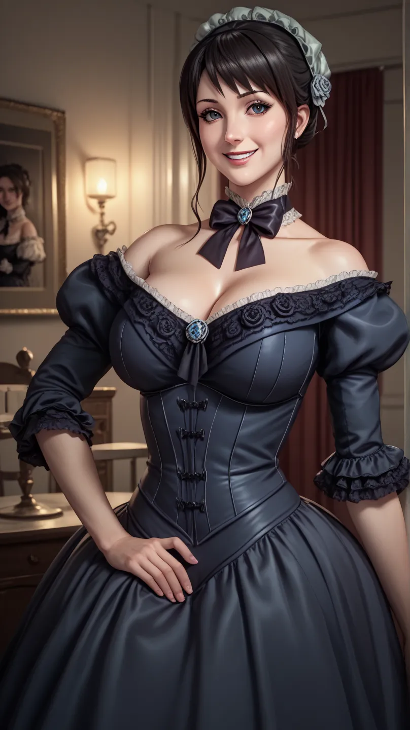 Shizune,  big boobs, neckline sexy, sexy body, MILF, Victorian hop Dress clothes, in the room, in the night, light off, Smile hot,  waiting in looking at the spectator.