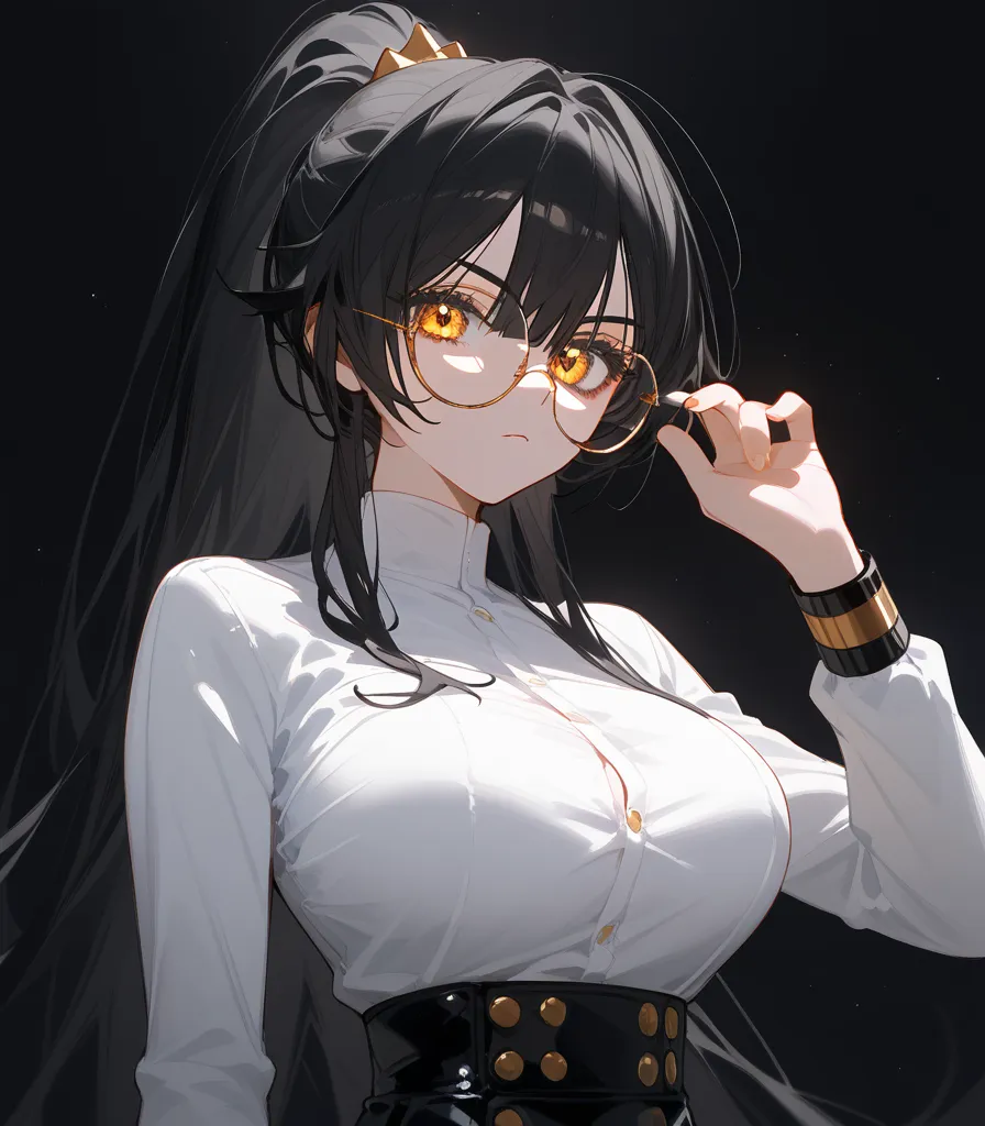  color scheme,girl, black hair, horse hair ,girlบาร์, , gold-bronze eyes,long hair ,ปลาย black hair,ใน gold-bronze eyes,ปลาย black hair,thin,girl,set, ponytail,, put on round glasses,White Shirt,, Long Sleeve Shirt,Fierce face,G cup breast,Fierce face,Poin...