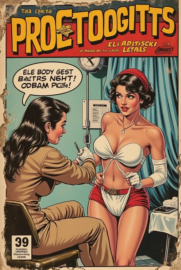 classic comic book cover “GREASY BUTTHOLE” bold font, classic comic book font, stroke embossed border, cute Meican lady visits the proctologist, he is on a stool putting on examination gloves, she lifts up her traditional Spanish skirt shyly, he squeezes t...