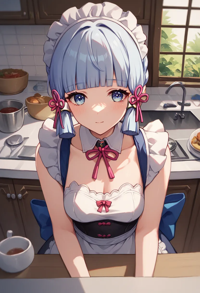 Ayaka from genshin impact, kitchen, sleeveless, (((maid))), my POV 