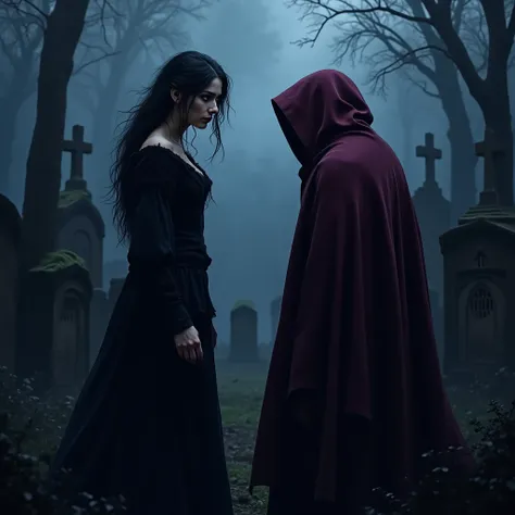 A messy black-haired woman in a ragged black and purple medieval dress smiling. A man in a red cape with a hood on his side. At night in a cemetery.