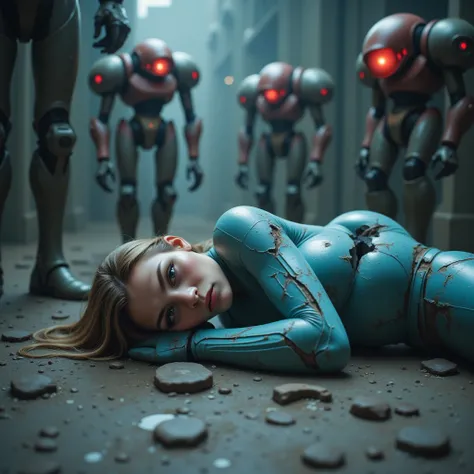 high resolution, masterpiece, photo realistic,  surrealism, samus aran wearing worn out torn light blue zero suit, lying face down on the ground, exhausted hopeless expression, surrounded by evil robots.