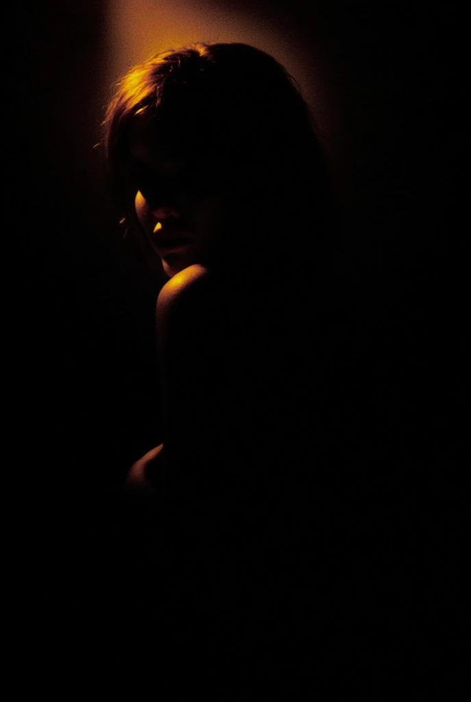 m1ch3ll3, A dark, moody nighttime scene with a sensual female silhouette. Soft, contour lighting traces the curves of her body, highlighting her face and delicate features with a warm, subtle glow. The surrounding darkness enhances the mystery, leaving onl...