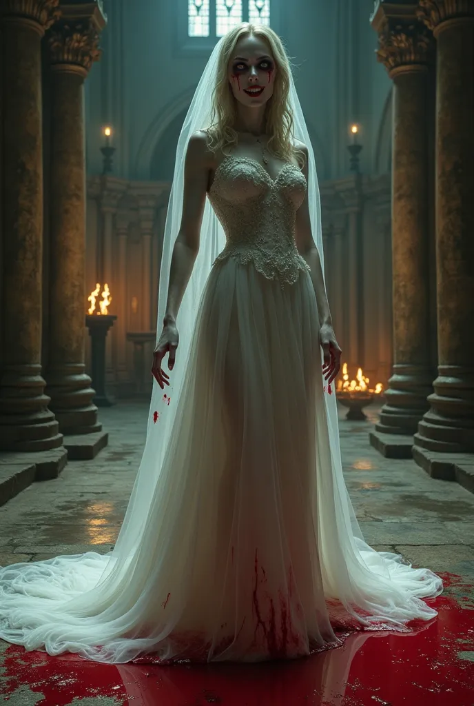 a bride with an evil smile that emerges from the inside of a bloodstain on the floor, Behind a medieval church with a burning altar