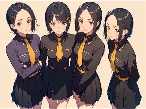 (standing up picture:1.4)、(cowboyshot:1.3),(small breasts:1.3), (skinny legs:1.0),  
break (uniform:1.5),
break ((hair ornaments)),((hairclips:1.5)), (purple eyes:1.1), (black hair:1.3), (short hair:1.5), (swept bangs:1.4), (forehead:1.7) , 
break ,(( sali...