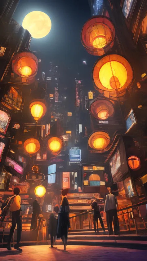 a cyberpunk city with a huge tower, red moon in the sky, night street, warm colors