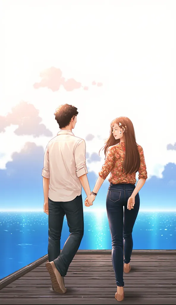 A couple walks hand-in-hand along a pier at morning view, smiling at each other. The woman wears a floral blouse and black jeans, with elegant earrings, while the man is dressed in a light shirt and jeans. The sky is glowy white and little vibrant, while c...