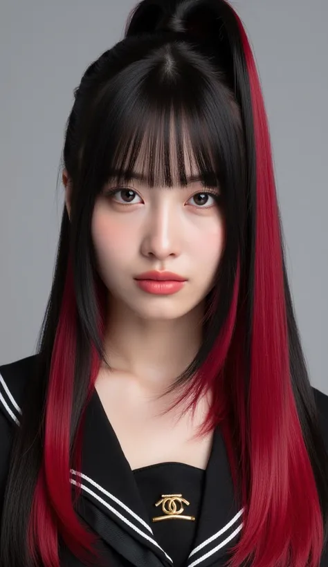  Silky Smooth Hair 、Two-tone color with dark red hair and black hair、long hair、hairstyle is straight、long hair that reaches the chest、sailor suit、tall ponytail