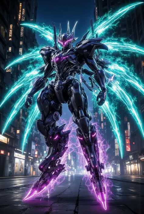 "A futuristic mech warrior, equipped with energy-reactive armor, gathers power in its gauntlets. With a forward thrust, it sends out a gigantic wave of cyan and violet force, disintegrating anything caught in its path while illuminating the battlefield in ...