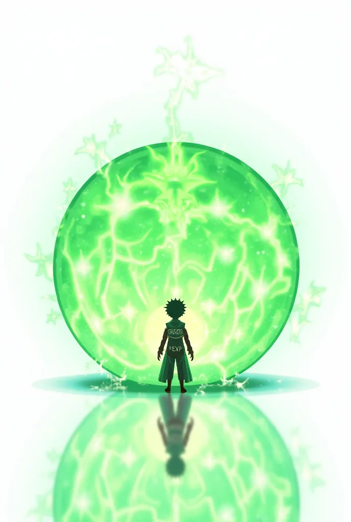  Anime style. Green magic sphere on a white background. Krumnaya with an inscription +100 EXP