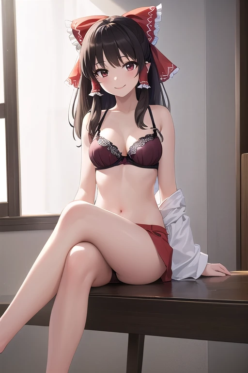 ((best quality)), ((masterpiece)), (detailed),1 girl。Reimu。(moving composition)。clothes open。bra。 Smile。 sitting with legs bent 