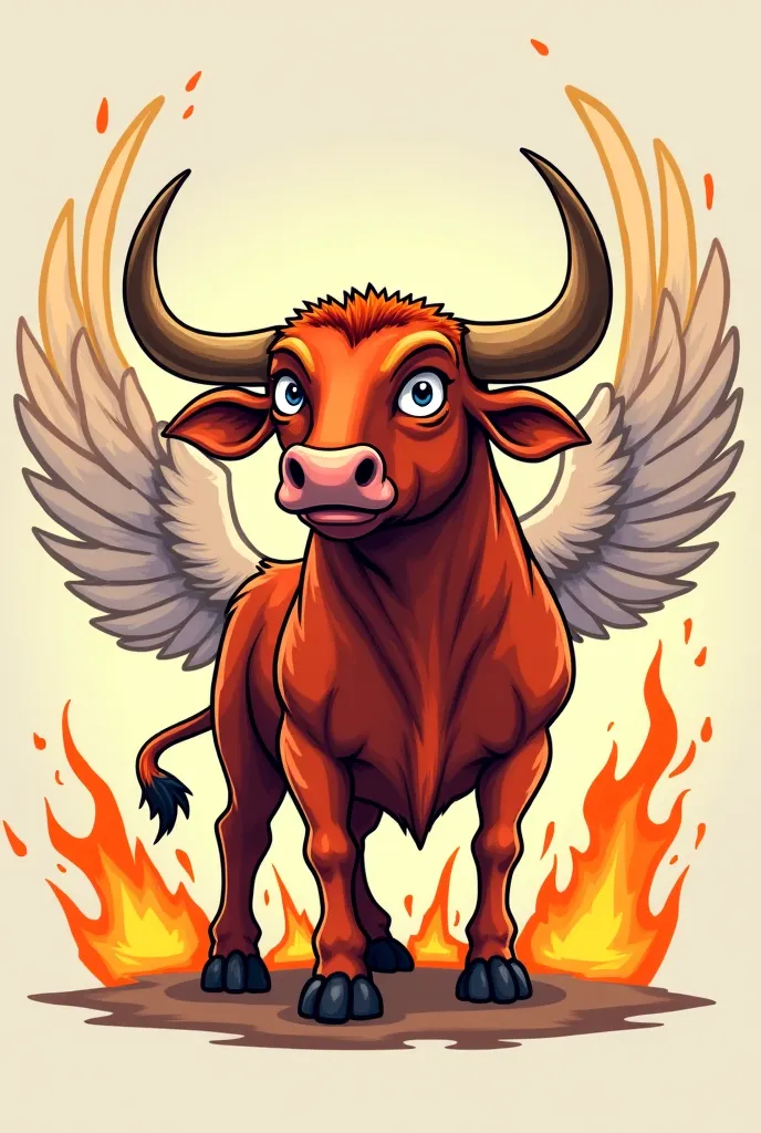 Create a cartoonish cool funny bull user picture with soul ox username,  Be handsome and cool, Let all four feet be on the ground, Let there be flames around, Have wings on your back, like an angel.