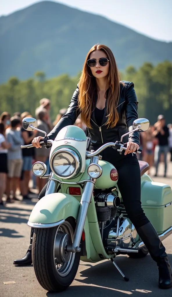 "A stylish woman with long, straight brown hair, wearing a black leather jacket, black pants, and black boots, is sitting confidently on a custom motorcycle designed to resemble a vintage Volkswagen Type 2 (VW Bus). The motorcycle has a pastel green and wh...