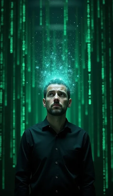 A digital scenario with green codes falling in the background, like in the Matrix. In the center, a man with a confused expression, looking into infinity while his head appears to be fragmenting into small blue lights, symbolizing an error in reality