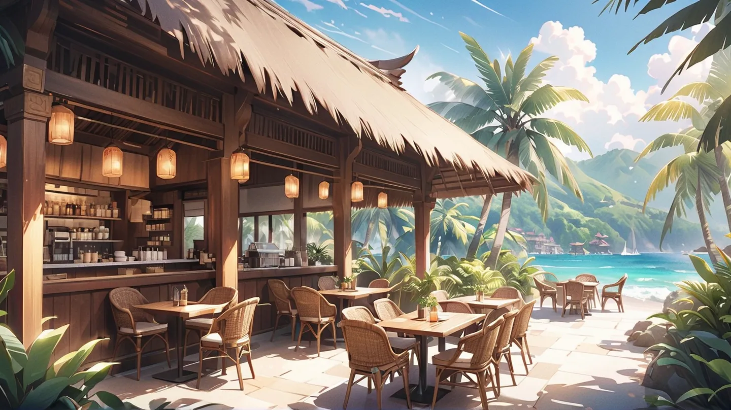 A watercolor style illustration of a café terrace in Bali, Indonesia, with rustic wooden tables, wicker chairs, and palm trees surrounding the outdoor seating area. The café's design is tropical, with open sides and a thatched roof. The background features...